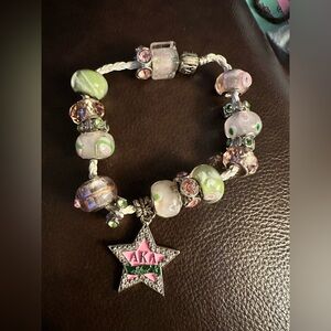 Elegant Star AKA Sorority Charm Bracelet with Pink and Green Beads